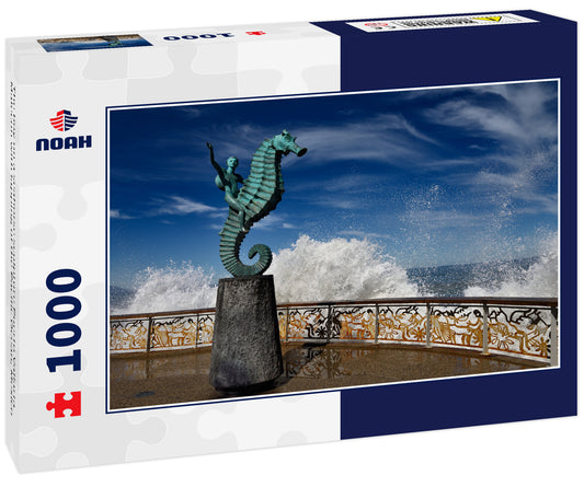 The boy on a seahorse sculpture Puerto Vallarta Malecon with lapping of the Pacific Ocean, Mexico