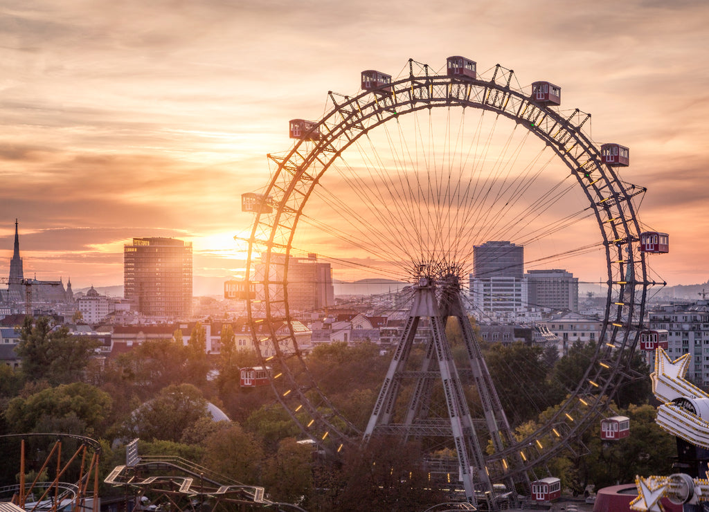 View of the Prater with Ferris wheel and skyline, Vienna, Austria