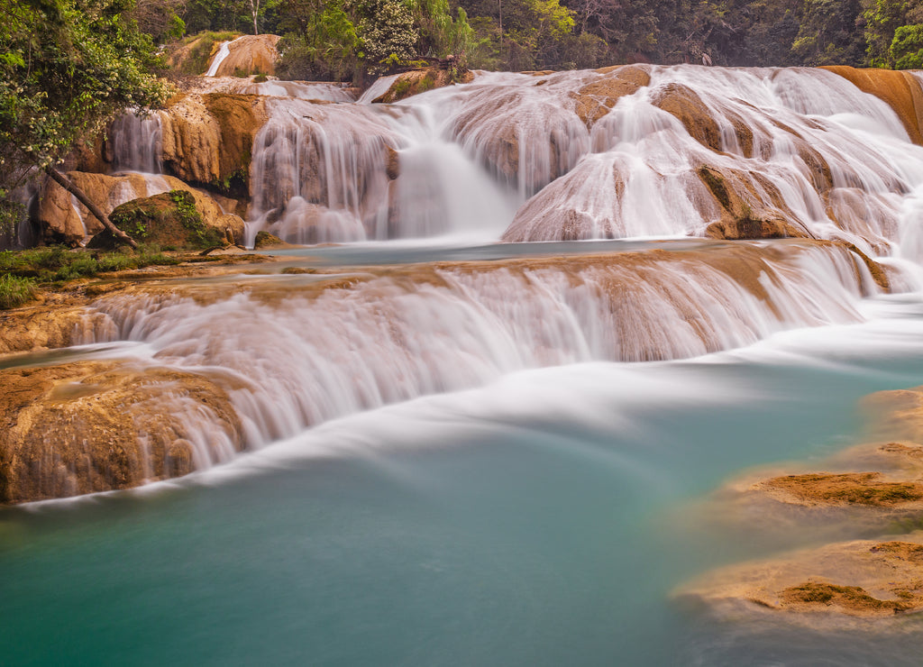 Agua Azul cascades and waterfalls in the tropical rainforest of Chiapas state near the city of Palenque, Mexico