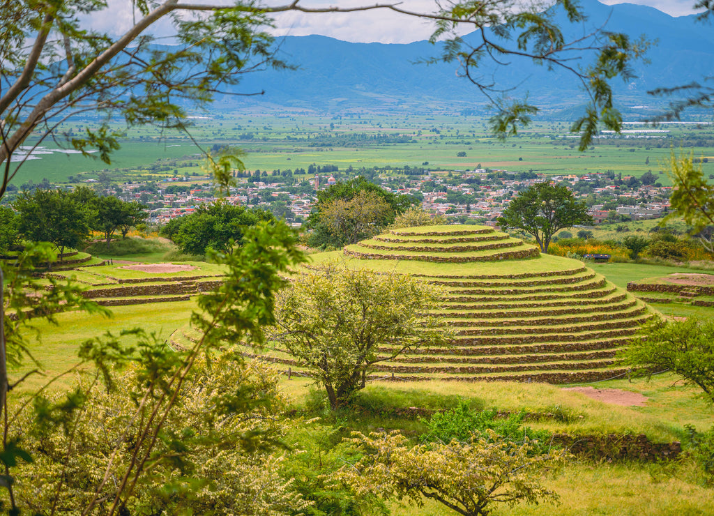 Archaeological zone of Guachimontones in the state of Jalisco, Mexico. Pyramid with summer landscape and blue sky
