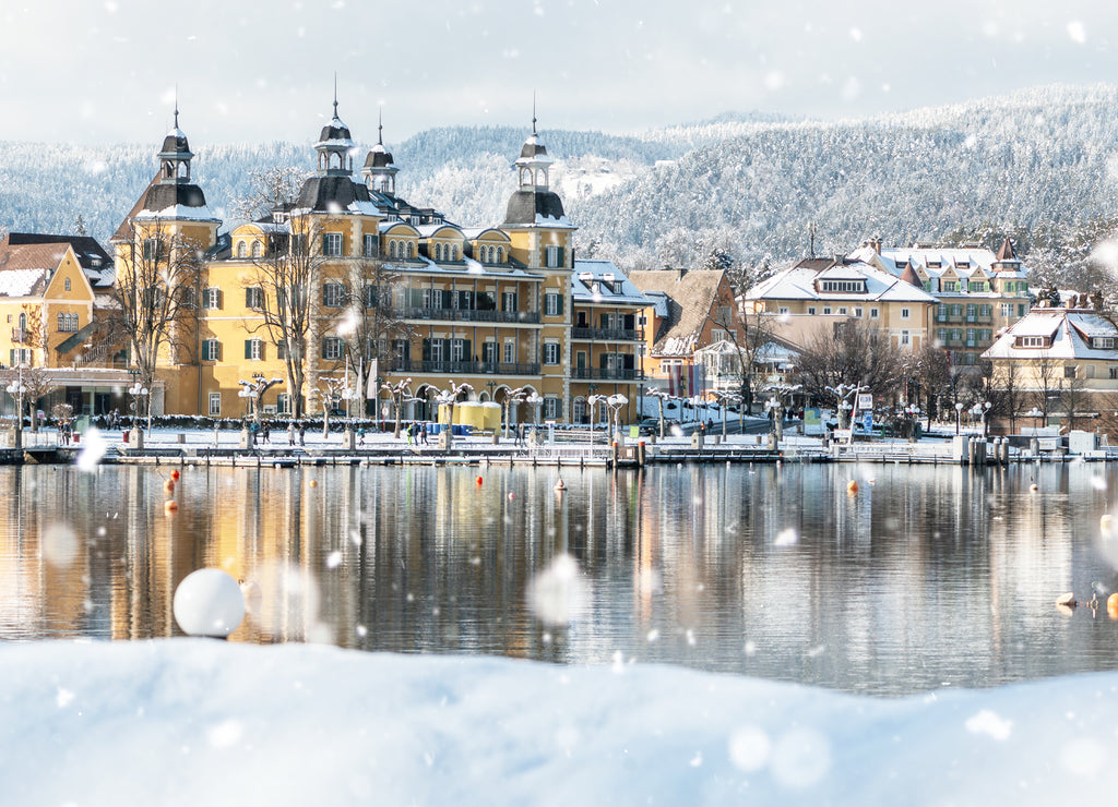 Velden, castle at the Wörthersee, winter fairy tale in Carinthia, Austria