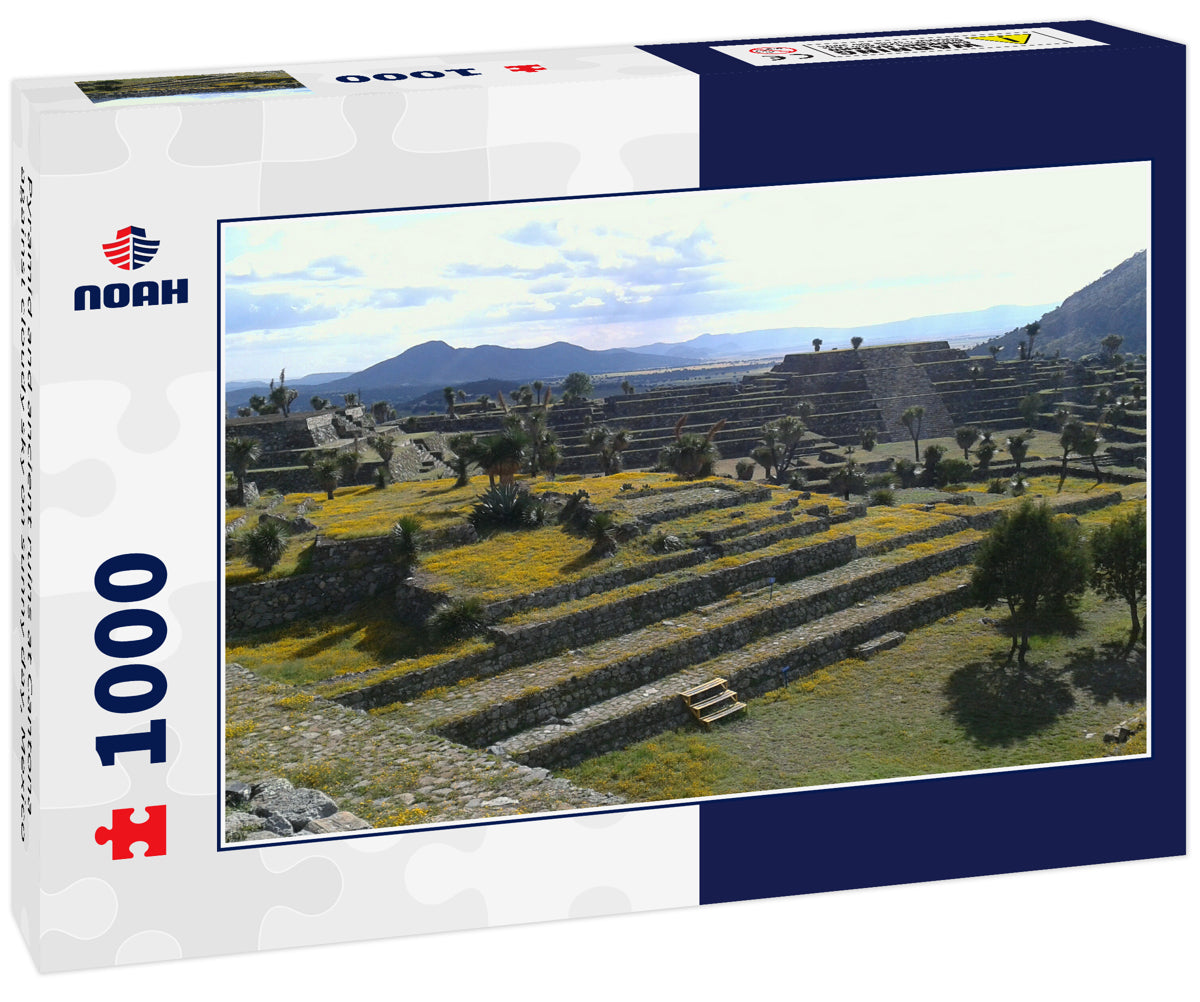 Pyramid and ancient ruins at Cantona against cloudy sky on sunny day, Mexico