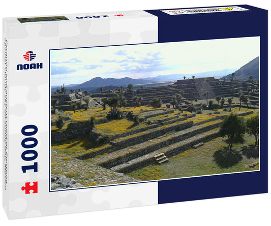 Pyramid and ancient ruins at Cantona against cloudy sky on sunny day, Mexico