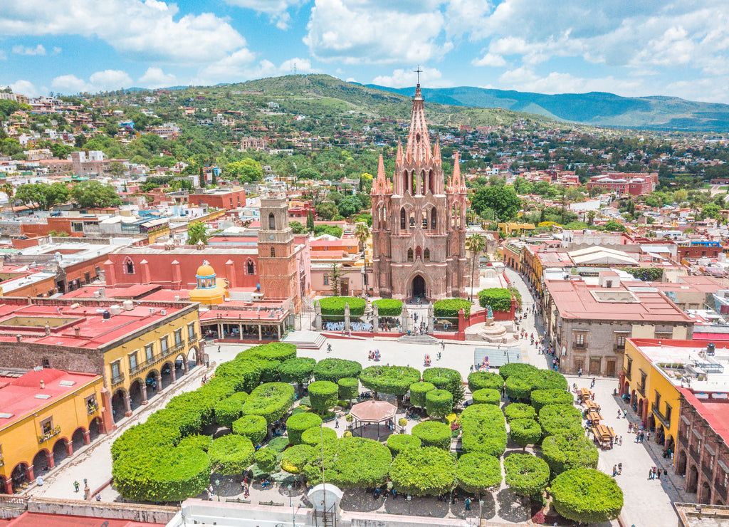 Beautiful aerial view of the main square of San Miguel de Allende in Guanajuato, Mexico