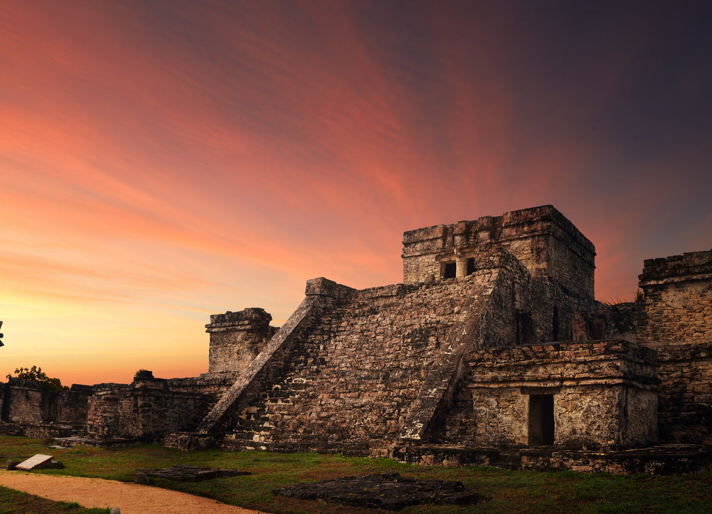 Castillo fortress at sunset in the ancient Mayan city of Tulum, Mexico