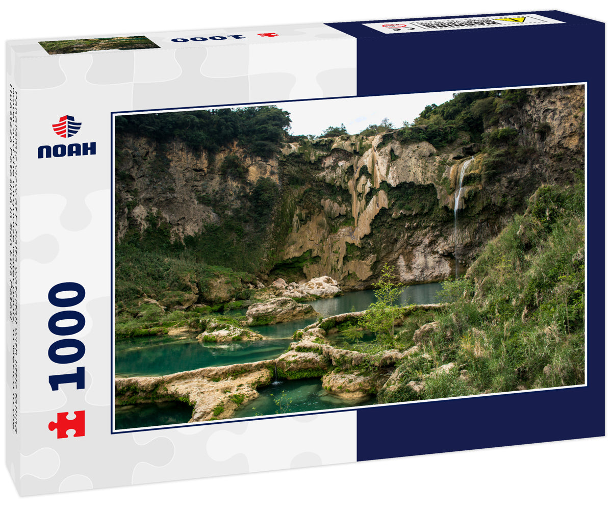 Panoramic view of El Salto waterfall with little falling water and the turquoise water pools, in Mexico in the Huasteca Potosina in San Luis Potosí