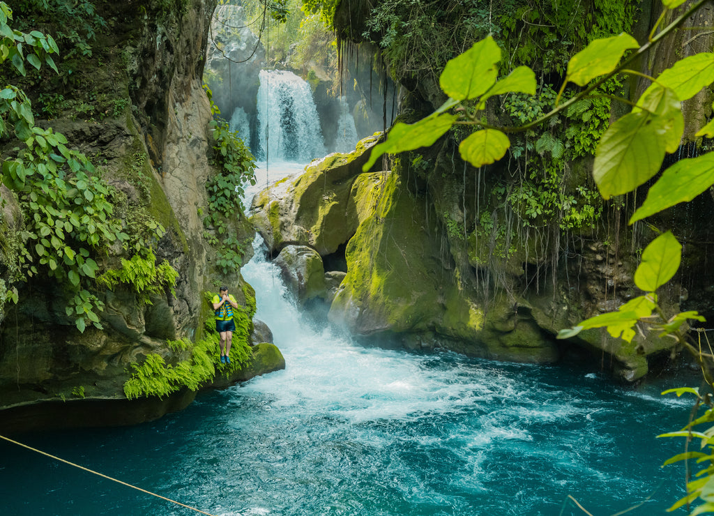 Panorama beautiful deep waterfall in Bridge of God and waterfalls of Tamasopo, San Luis Potosi, Mexico