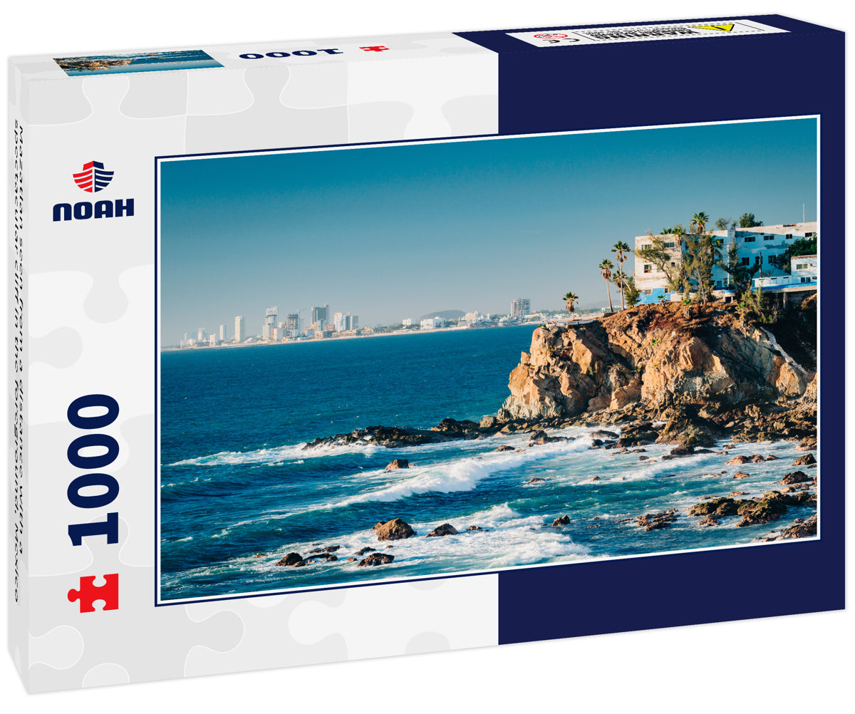 Mazatlan seen from a distance with a spectacular cliff in the foreground, Mexico