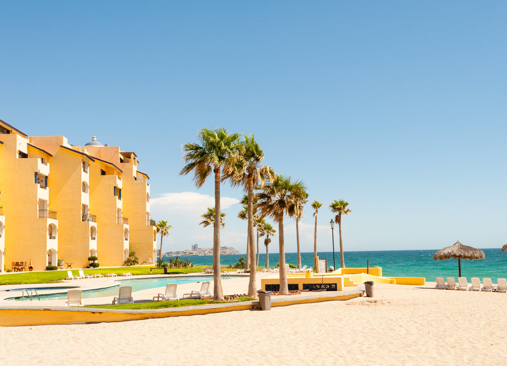 Hotels and pristine sandy beach in Puerto Penasco, Mexico