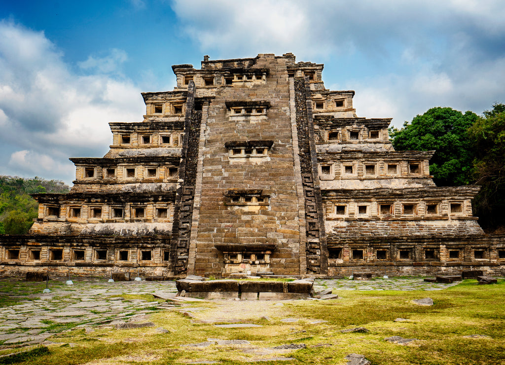 Pyramid De Los Nidos in Tajín, Veracruz Mexico. It has 365 windows that served as solar calendars and a temple at the top. The Totonacas tribe used to live in this beautiful pyramid complex