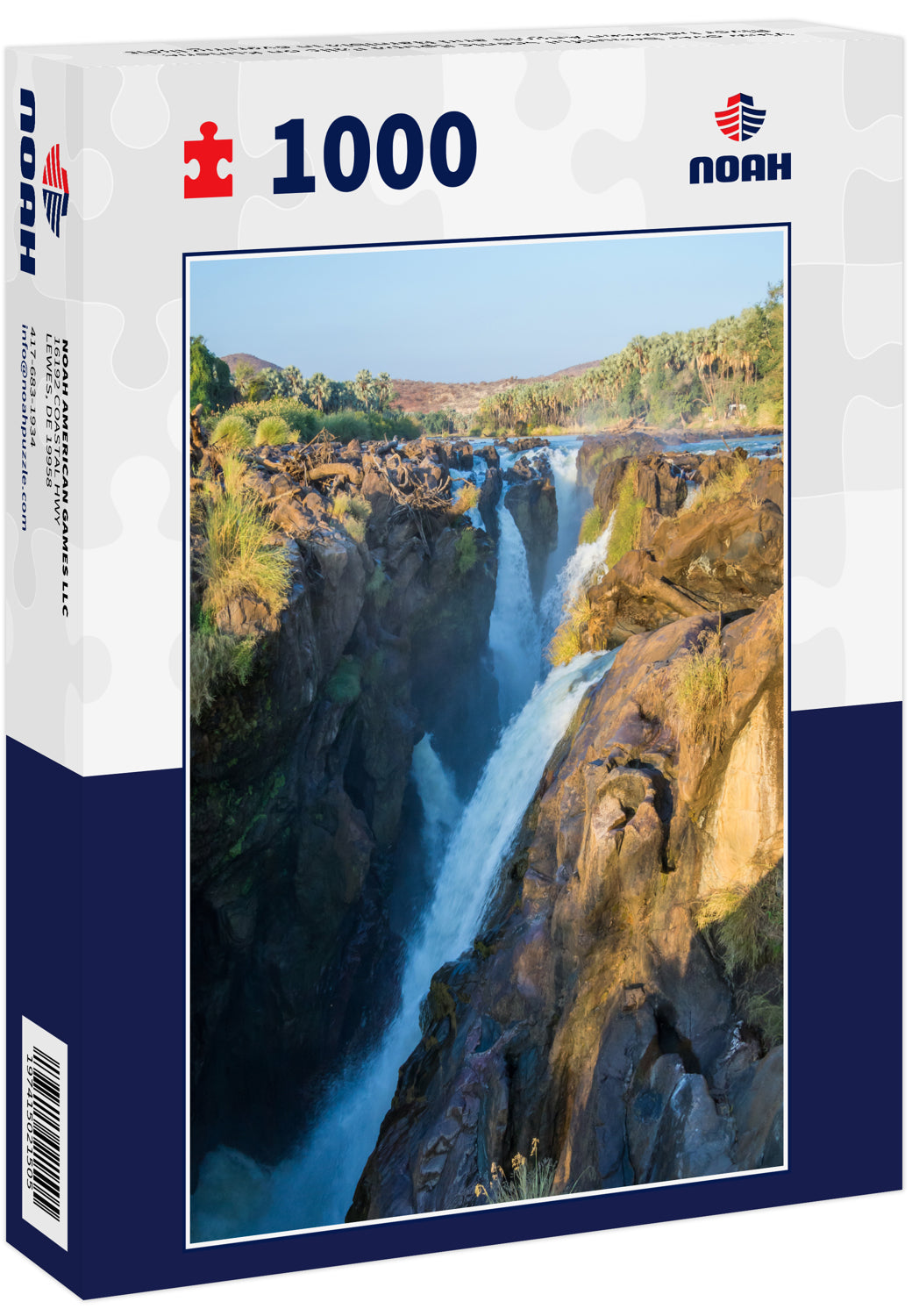 View over beautiful scenic Epupa Falls on Kunene River between Angola and Namibia in evening light