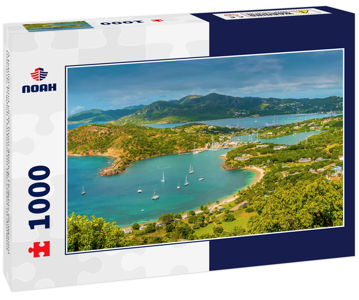 A panorama view from Shirley Heights viewpoint towards English Harbour on the coast of Antigua