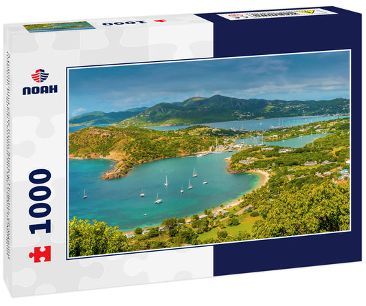 A panorama view from Shirley Heights viewpoint towards English Harbour on the coast of Antigua
