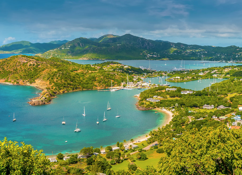 A panorama view from Shirley Heights viewpoint towards English Harbour on the coast of Antigua
