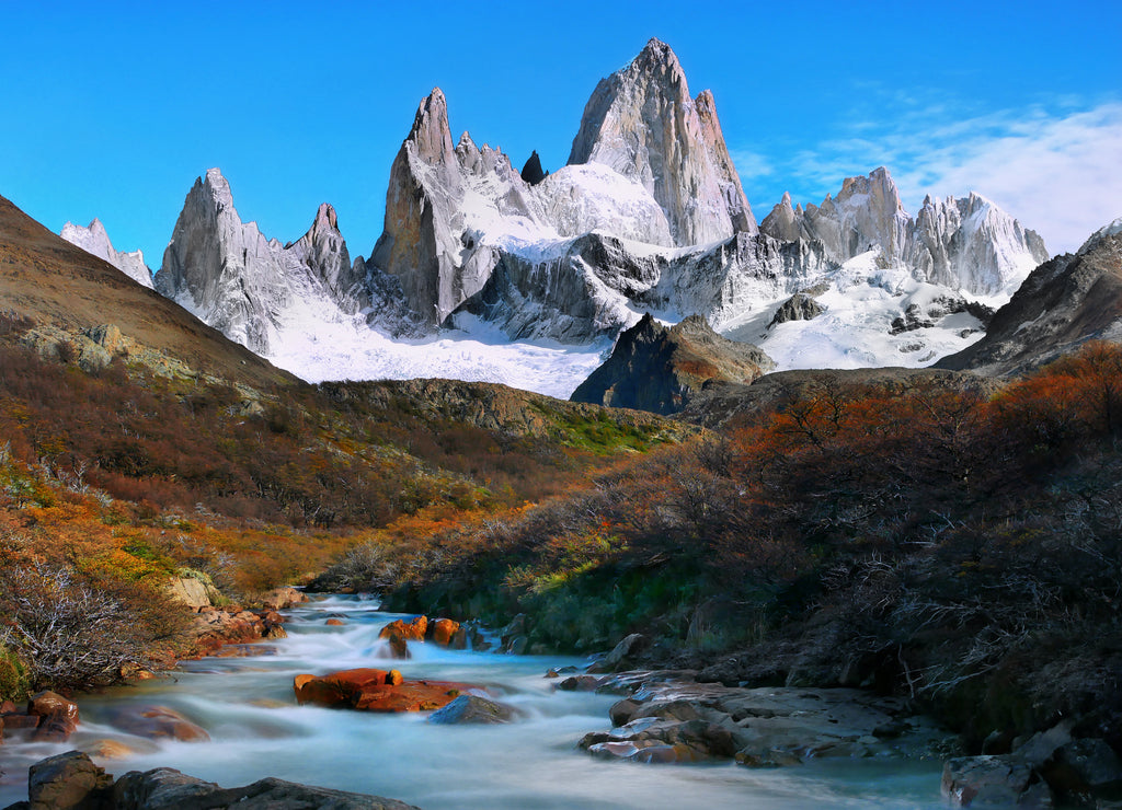 Patagonia mountains glaciers hiking trail in autumn landscape Mt. Cerro Fitz Roy Argentina