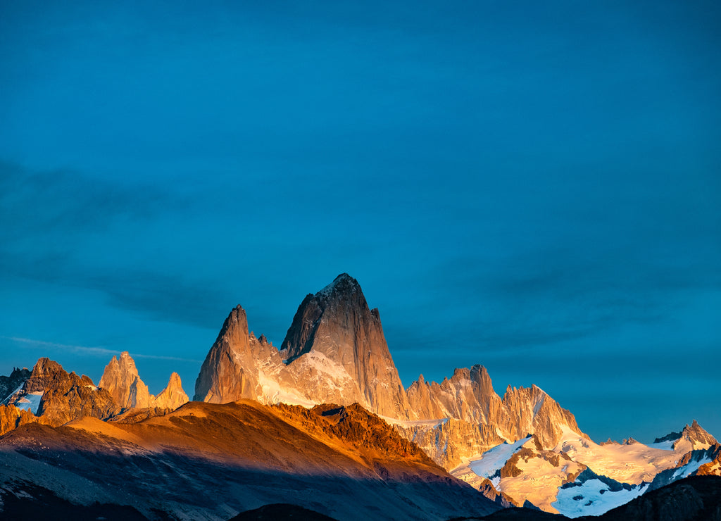 View of the sunrise on Mount Fitz Roy. South Patagonia, Argentina