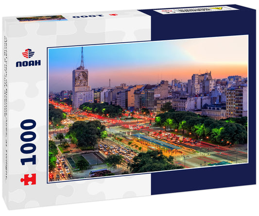 Aerial view of Buenos Aires, at Twilight, along 9 of July Avenue