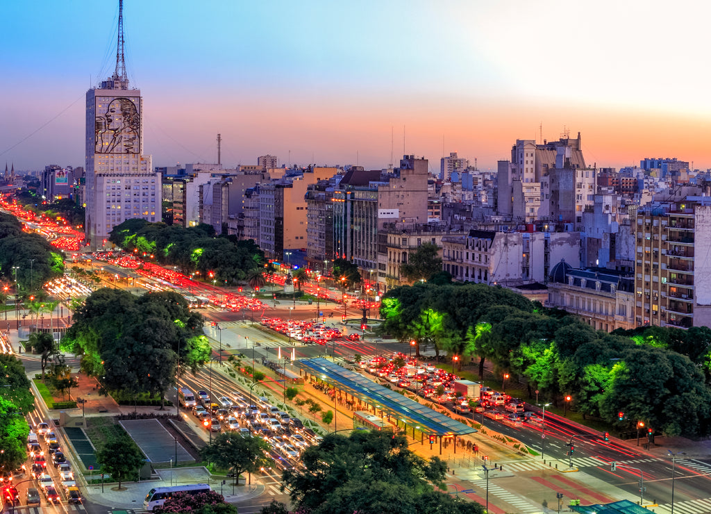 Aerial view of Buenos Aires, at Twilight, along 9 of July Avenue