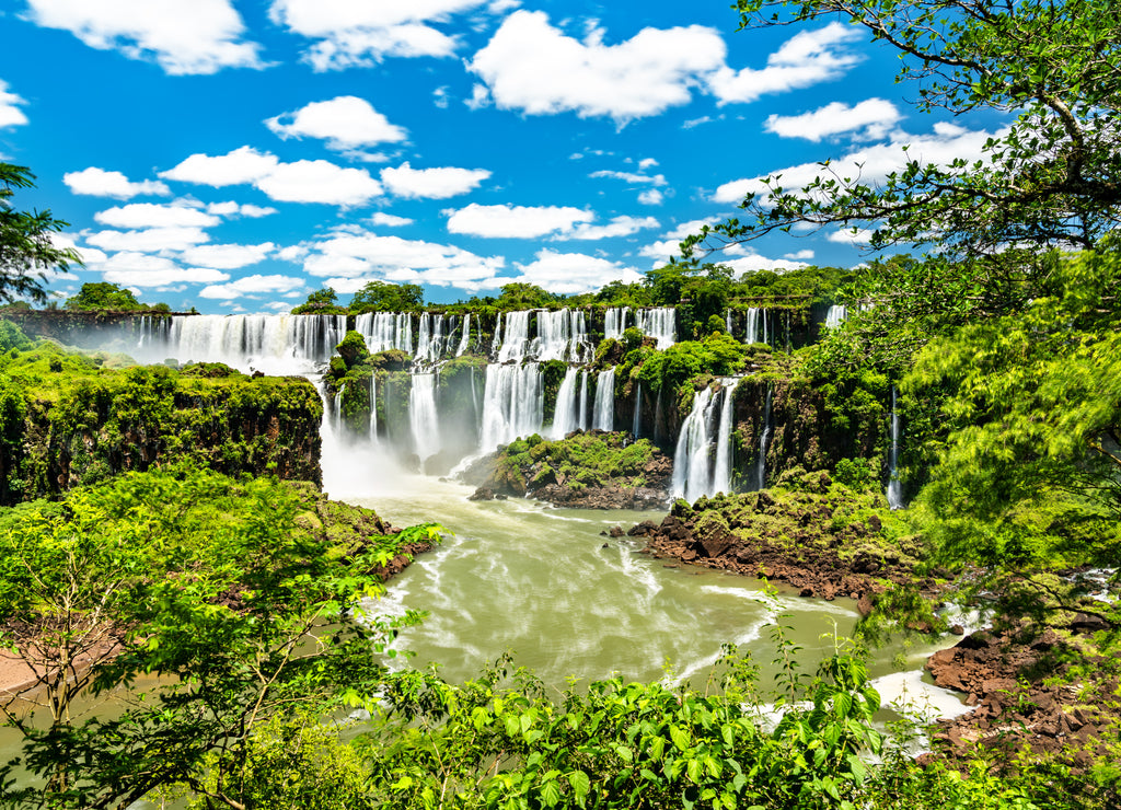 View from the jungle to Iguazu Falls, the largest waterfall in the world. UNESCO world heritage in Brazil and Argentina