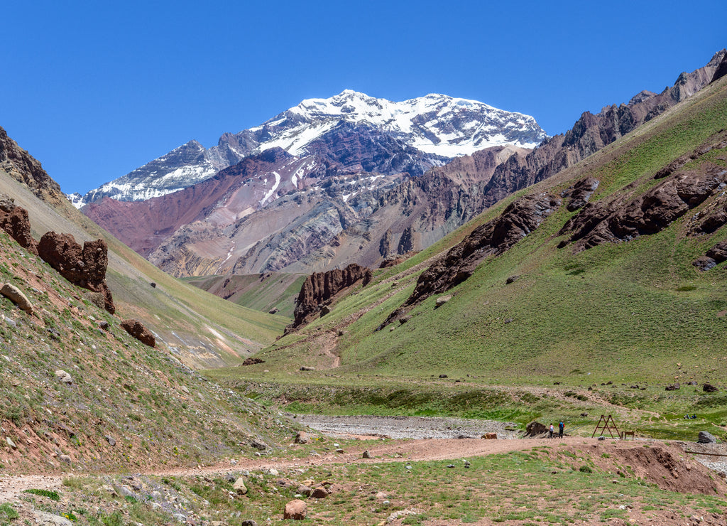 Mount Aconcagua, the highest peak of Americas, dominating the valley, Mendoza, Argentina