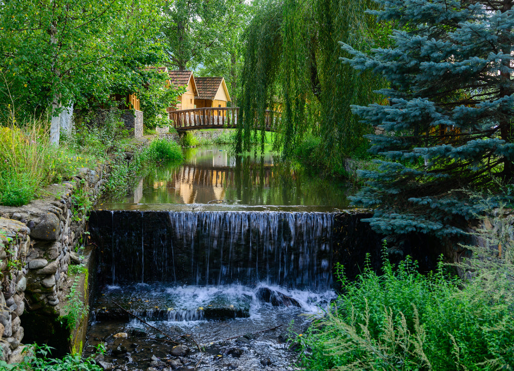 Beautiful landscape with cafe and water canal, Armenia