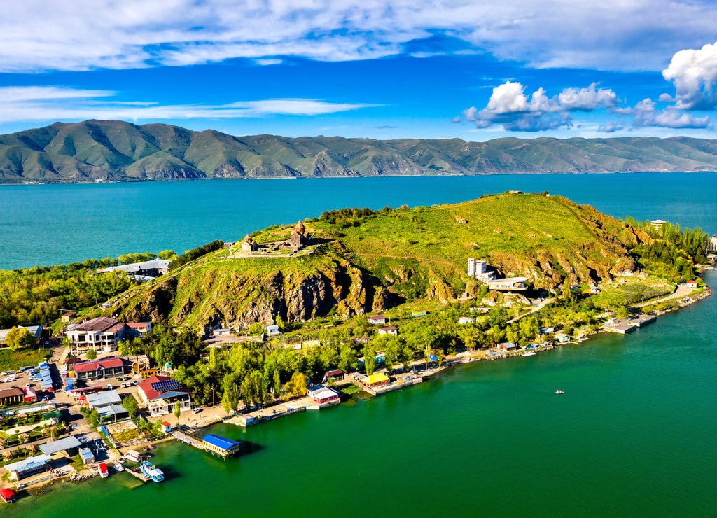 View of Sevan Island in Lake Sevan in Armenia