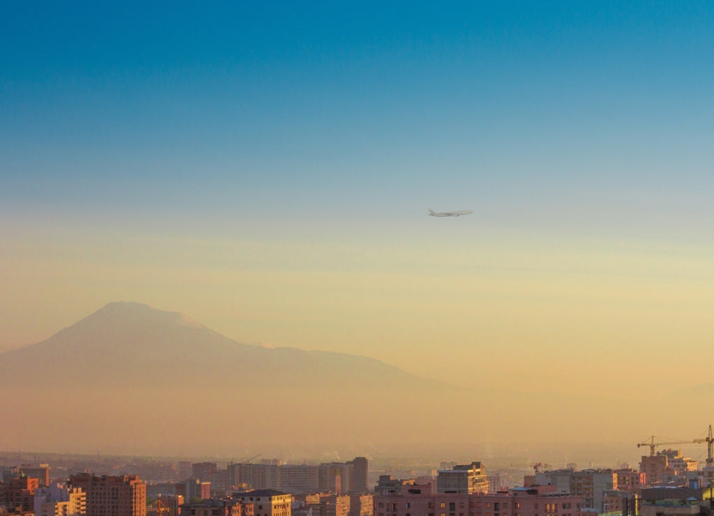 High angle shot of a cityscape of Yerevan, Armenia with Mount Ararat