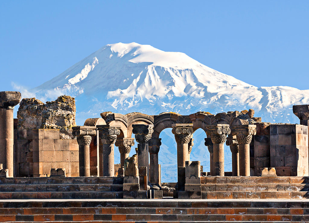 Ruins of Zvartnots Temple with Mount Ararat in the background, Armenia