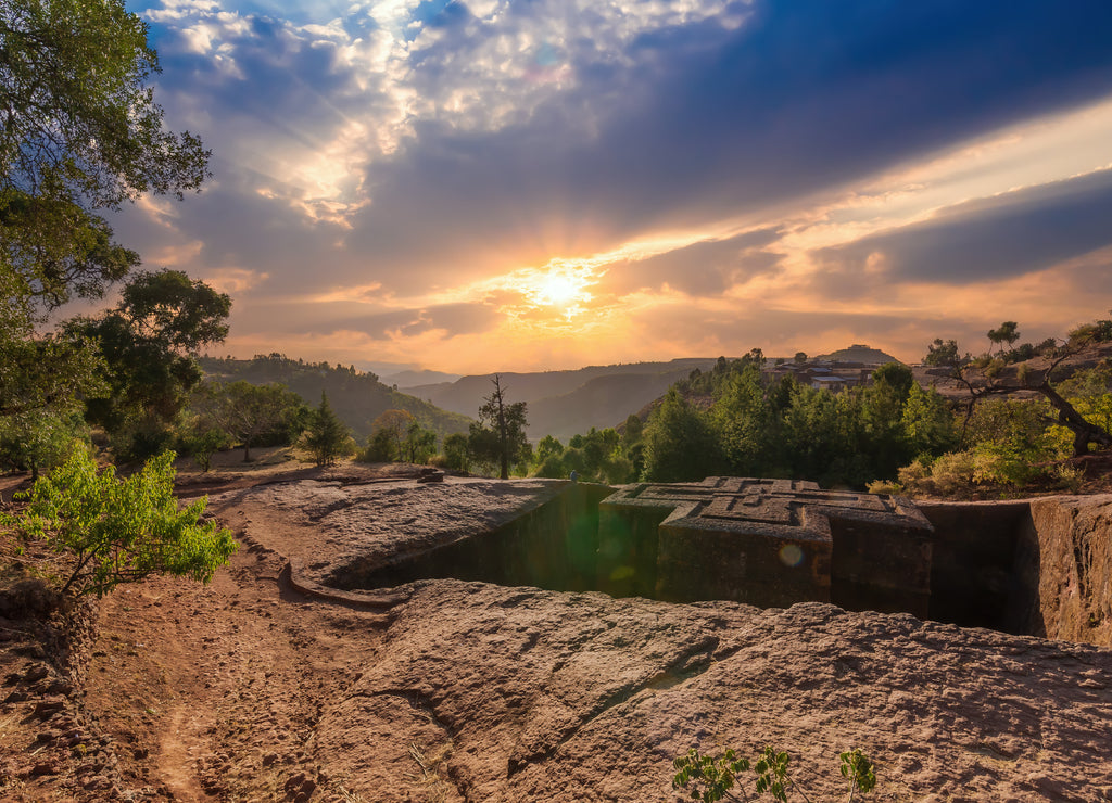Sun setting at the Rock-Hewn Church of Saint George in Lalibela, Ethiopia