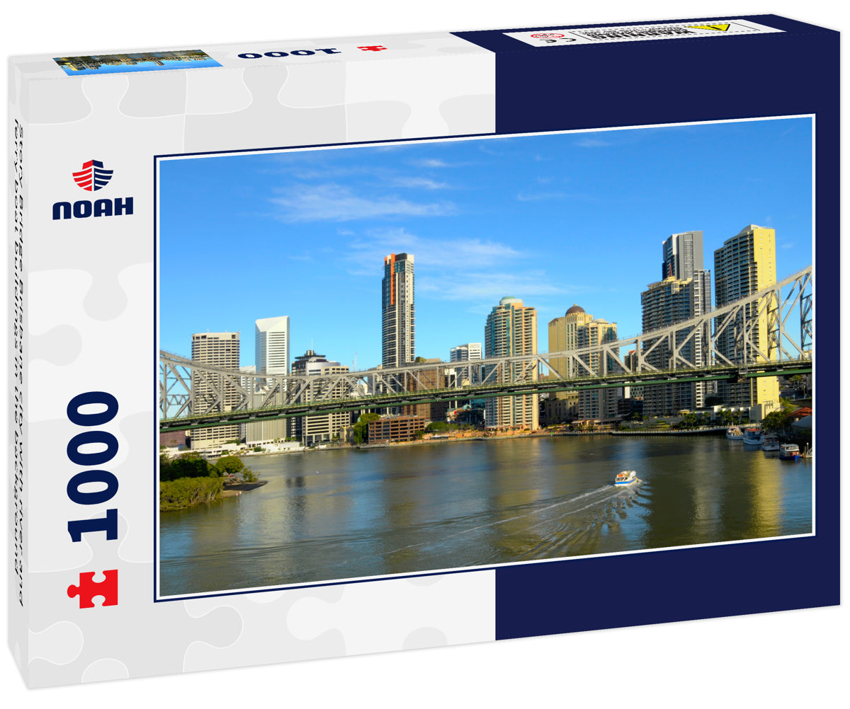 Story Bridge Brisbane city with river and ferry boat buildings in the background