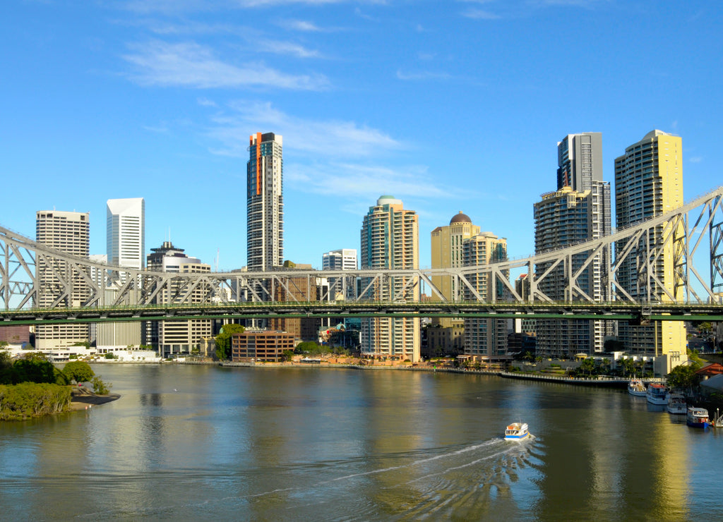 Story Bridge Brisbane city with river and ferry boat buildings in the background