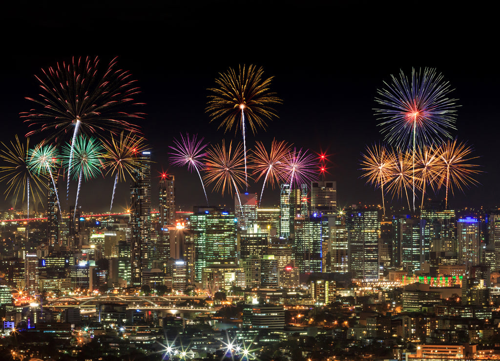 Fireworks over Brisbane City from Mount Coot-tha. Queensland
