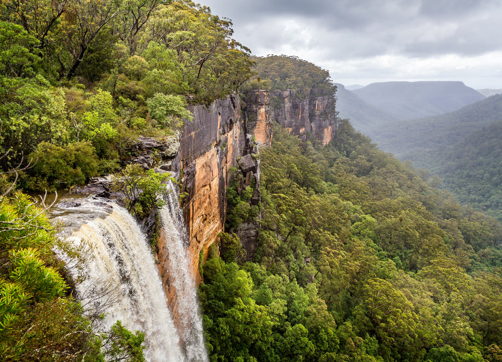 Fitzroy water falls thundering over rock face into forested canyon in Kangaroo Valley, NSW, Australia