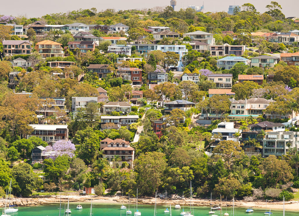 Panoramic aerial view of Manly Beach skyline on a sunny day, Australia