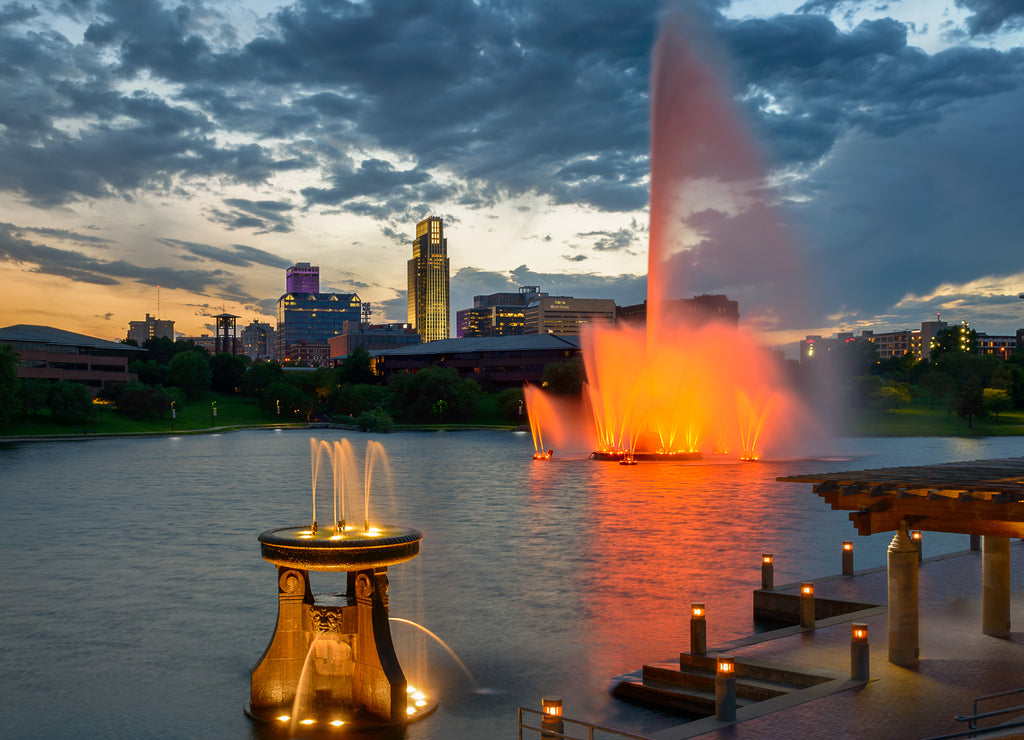 Colorful water fountains in front of downtown at Heartland of America Park in Omaha Nebraska