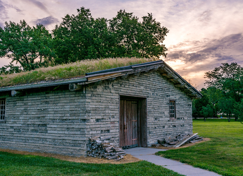 Military quarters made from mud bricks with a sod roof, Nebraska
