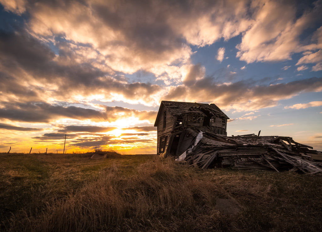 Abandoned barn at sunset, countryside Nebraska