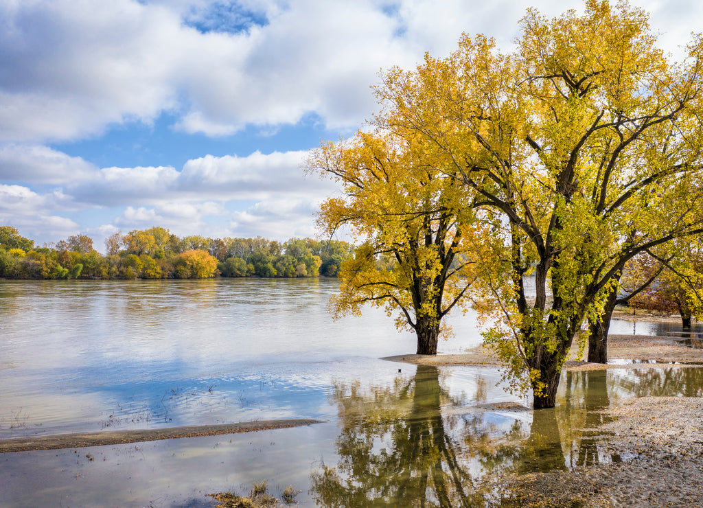 flooded Missouri River in fall colors scenery, Nebraska