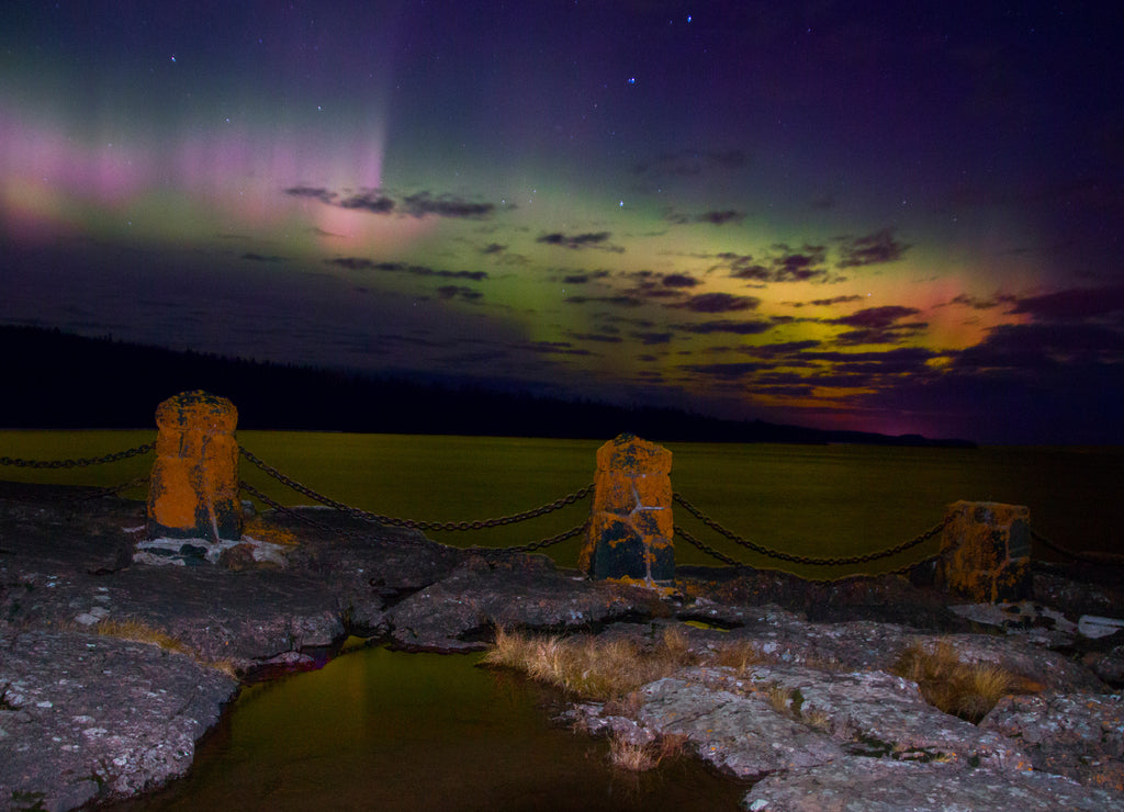Northern Lights dance above the North Shore of Lake Superior in Minnesota