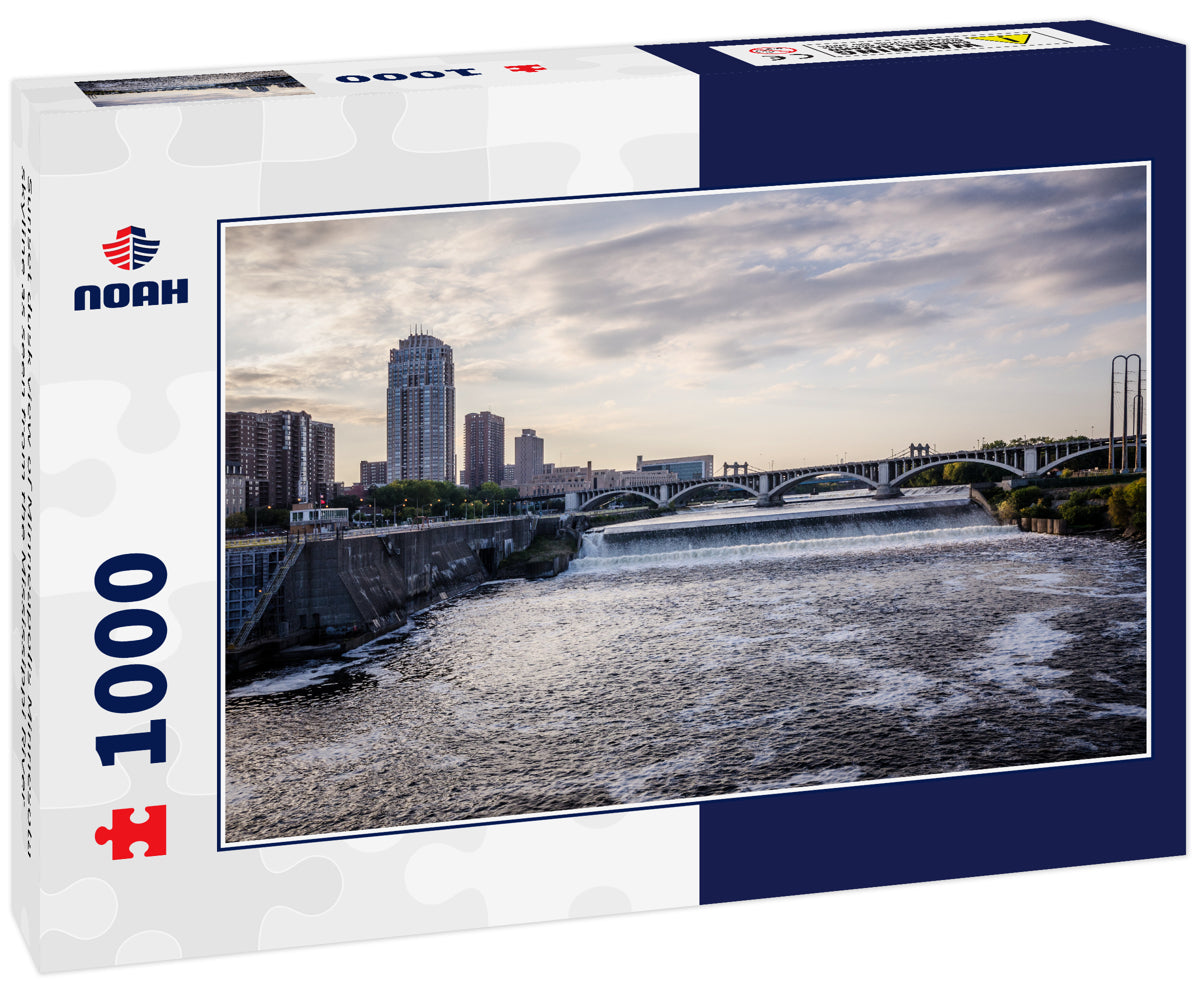 Sunset dusk view of Minneapolis Minnesota skyline as seen from the Mississippi River