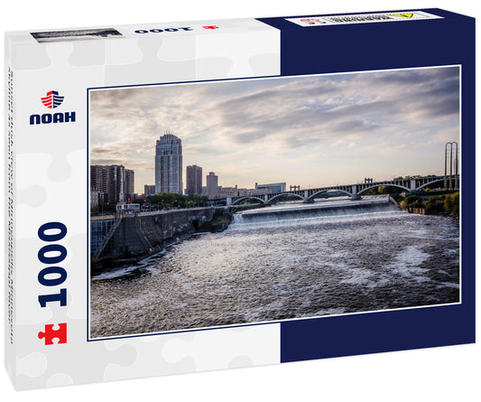 Sunset dusk view of Minneapolis Minnesota skyline as seen from the Mississippi River