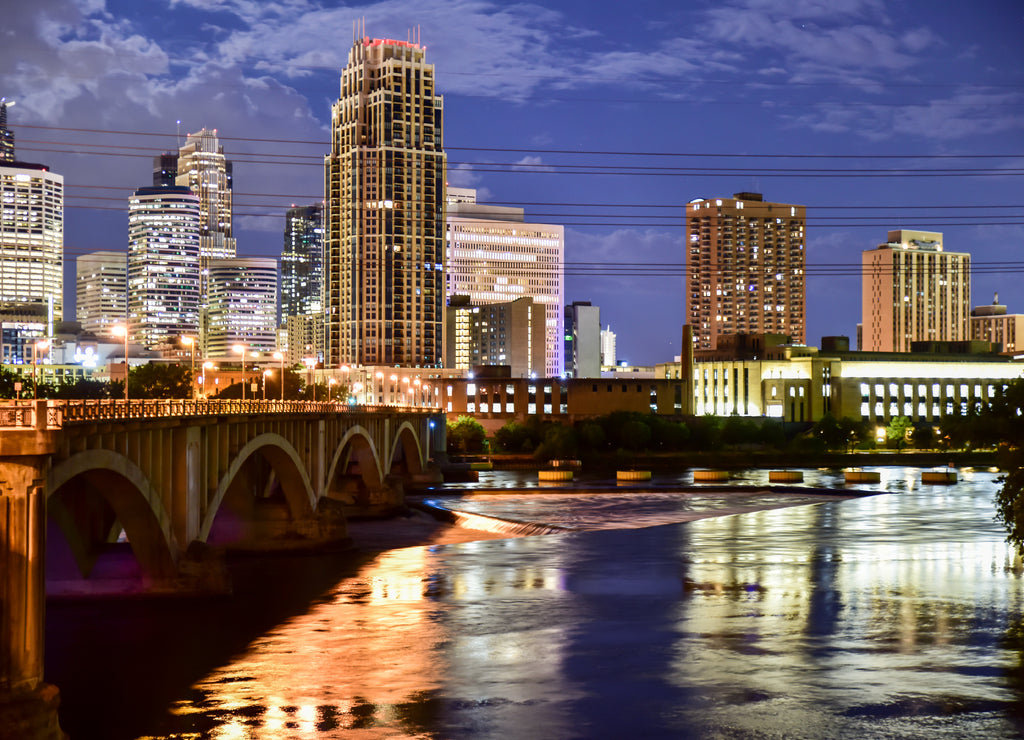 Urban skyline along the river at night, Minneapolis Minnesota