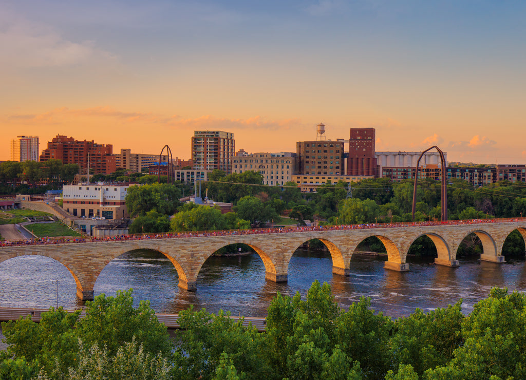 Minneapolis Minnesota at sunset on the Mississippi river,