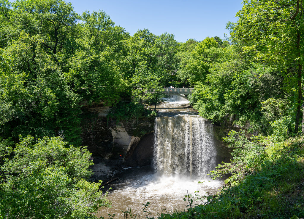 View of the upper falls of Minneopa Falls waterfall at Minneopa State Park in Mankato Minnesota