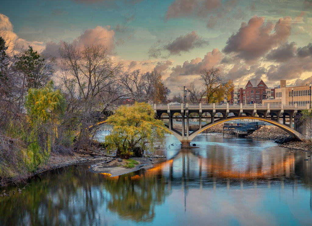 bridge over the rum river downtown Anoka Minnesota. Small town USA