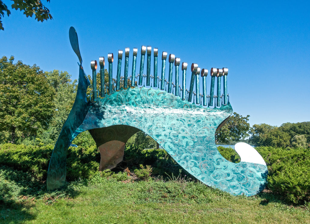 A kinetic sculpture by Bruce Stillman 1983, public art at Cedar Lake. Looks like Loch Ness Monster Minneapolis Minnesota MN USA