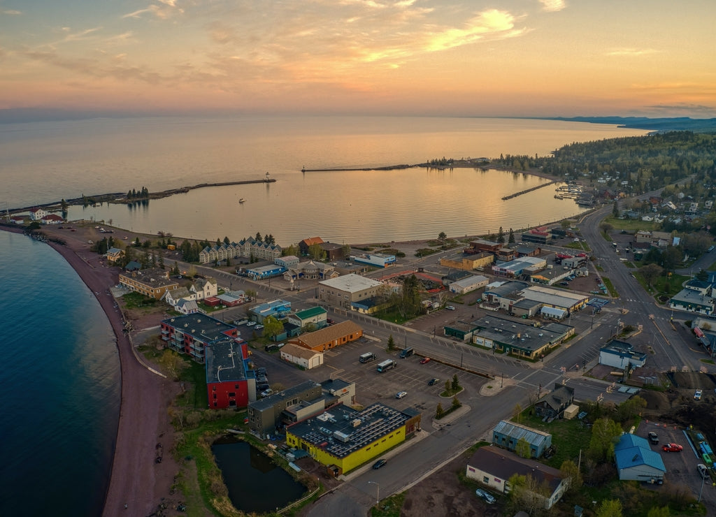 Aerial View of Grand Marais, Minnesota at Sunset