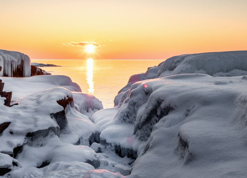 Snow covered Artists' Point at sunrise, Grand Marais, Minnesota