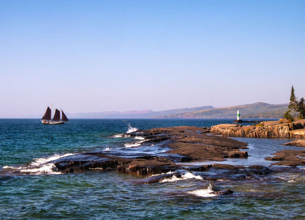 Traditional sailboat on Lake Superior, harbor of Grand Marais, Minnesota