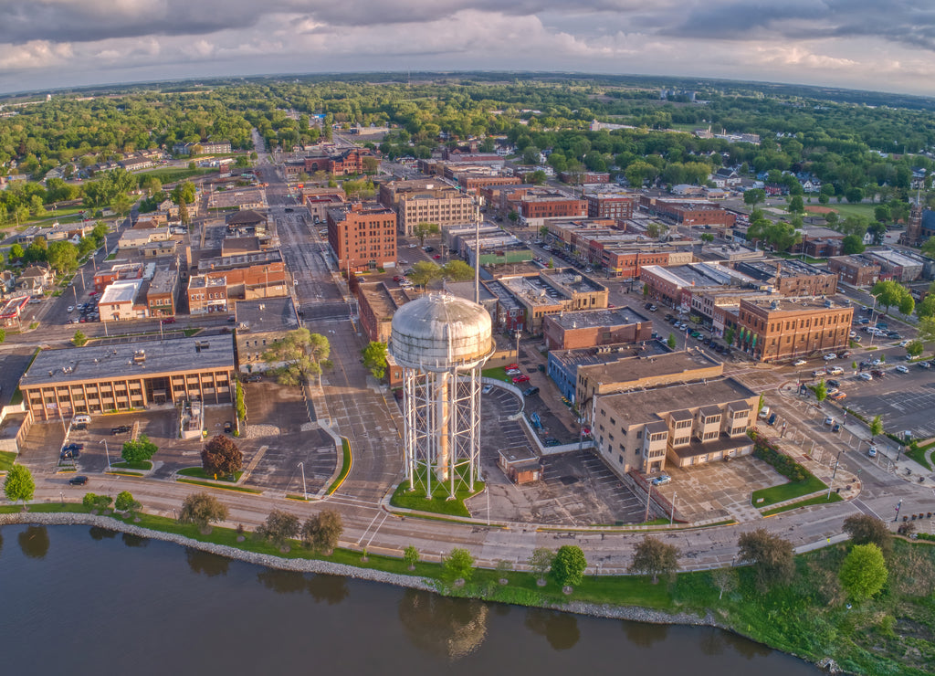 Aerial View of Downtown Albert Lea, Minnesota at Dusk in Summer